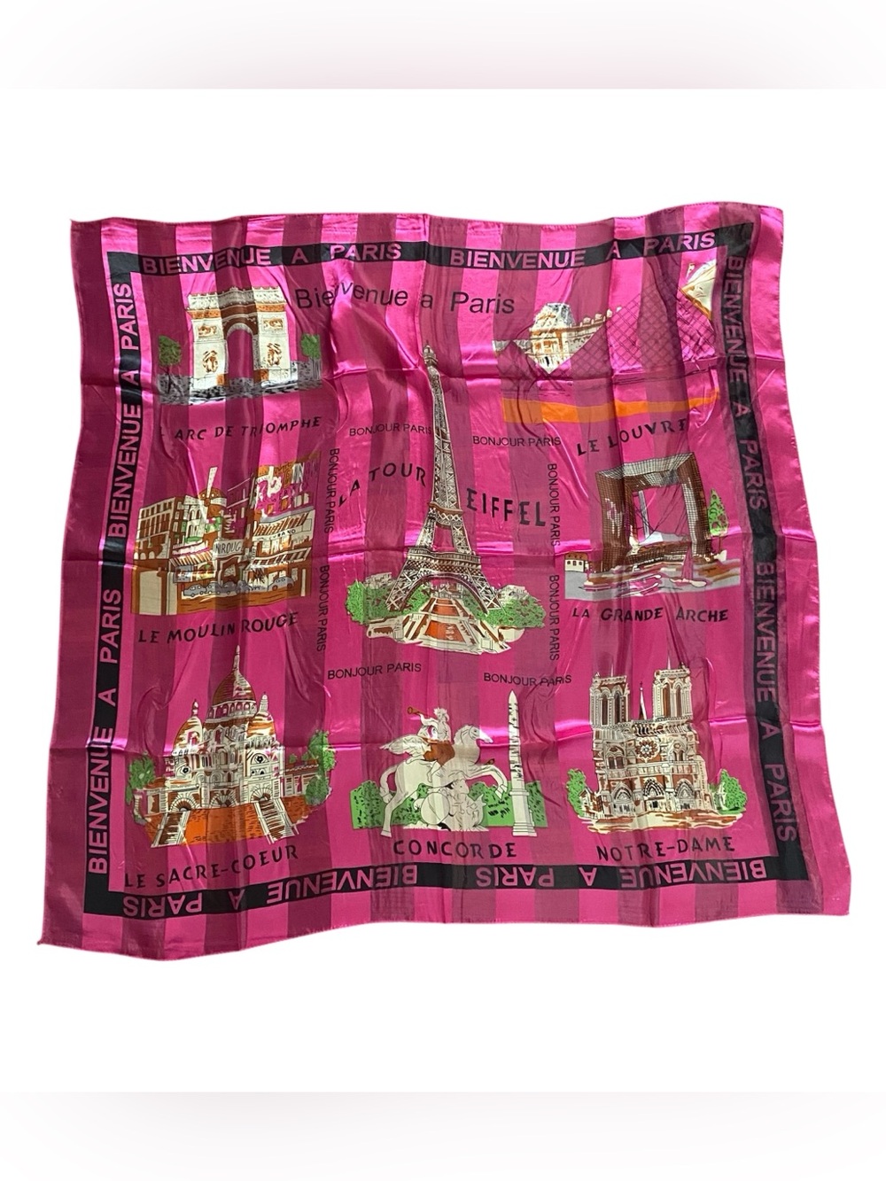 Vintage Bienvenue a Paris Souvenir Scarf 38” x 38” Square Pink